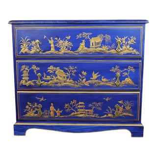 Imitation Lapis Lazuli Background Hand Painted Gold Chinoiseries Three Drawer Chest For Sale