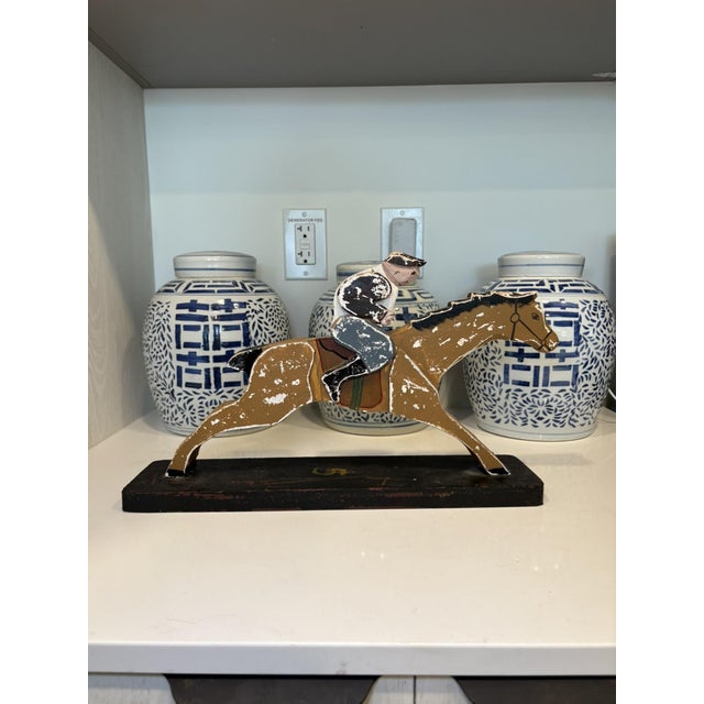 Vintage Hand Painted Folk Art Jockey Horse Racing Wood Sculpture A characterful vintage folk art sculpture depicting a...