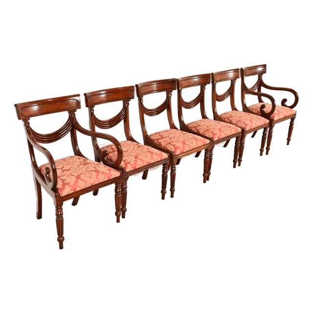 Baker Furniture Style English Regency Carved Mahogany Dining Chairs, Set of Six For Sale