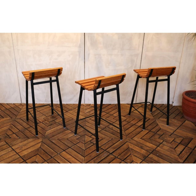 Wood Set of Six Mid-Century Modern Oak & Steel Bar Stools, 1960s For Sale - Image 7 of 18
