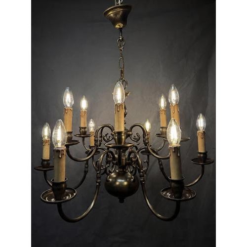 Metal Flemish Brass Two-Tier Twelve Branch Chandelier For Sale - Image 7 of 7