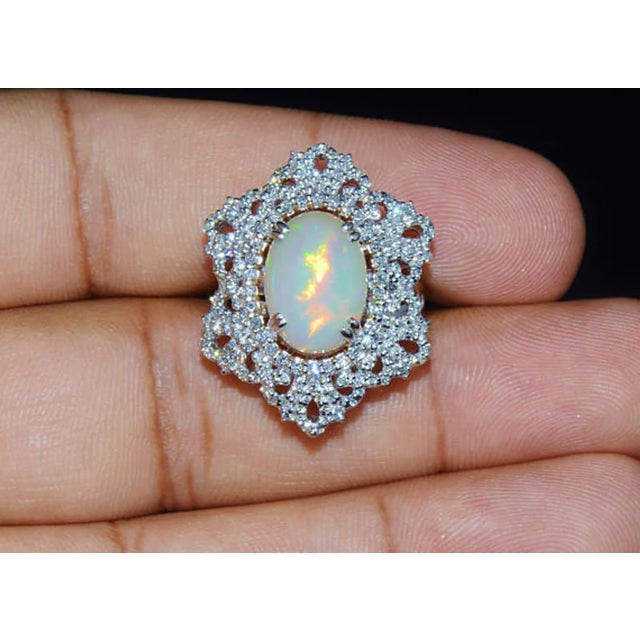 Early 21st Century Certified Natural 7.6CTS VS F Diamond Opal 18K Solid Gold Cocktail Dome Ring, size 6.5 For Sale - Image 5 of 8