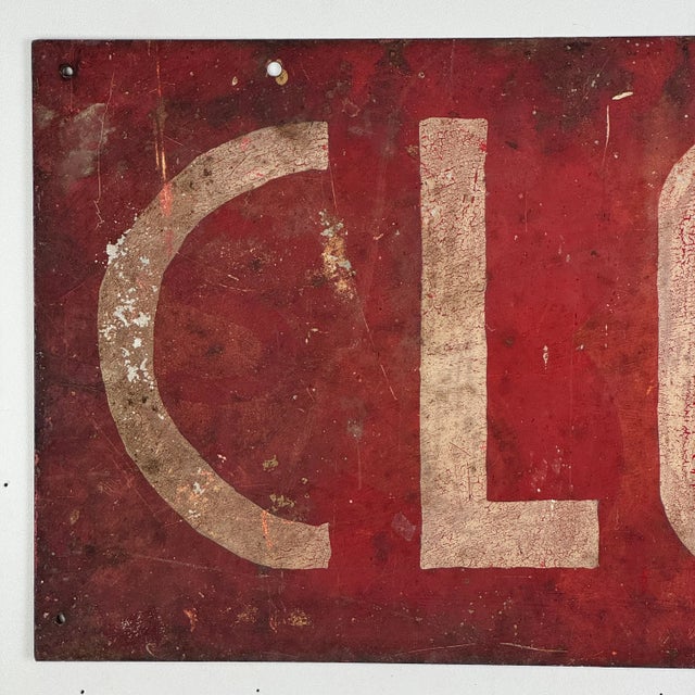 Vintage Large Hand Made Double Sided "Open/Closed" Metal Sign in Firetruck Red For Sale In New York - Image 6 of 9