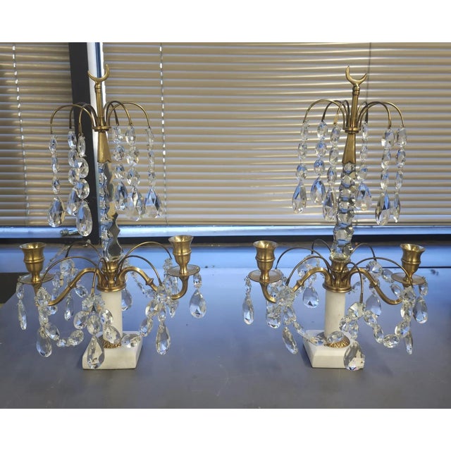 Pair of Crystal and Brass Two Light Candle Table Sconces on Marble Plinth For Sale In Washington DC - Image 6 of 10