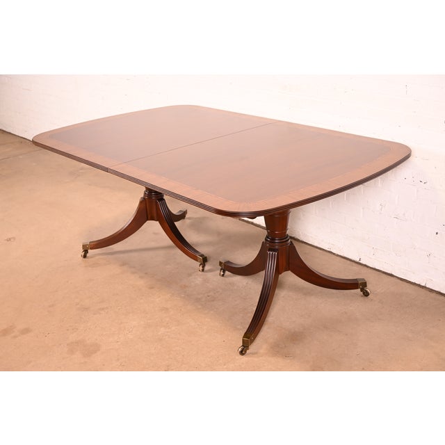 Brown Baker Furniture Georgian Banded Mahogany Double Pedestal Extension Dining Table | Newly Refinished For Sale - Image 8 of 13
