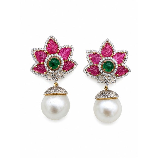 Gemstone Natural Ruby, Emerald, Pearl, & Diamond Earring in 14k Gold For Sale - Image 7 of 8