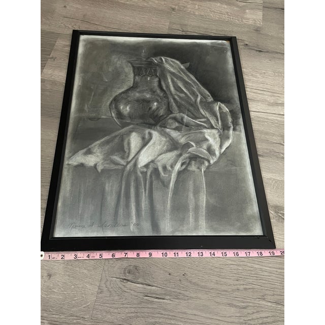 Naomi Sanders Original Framed Charcoal Still Life Drawing of Urn and Drapery, 2000 For Sale - Image 9 of 9
