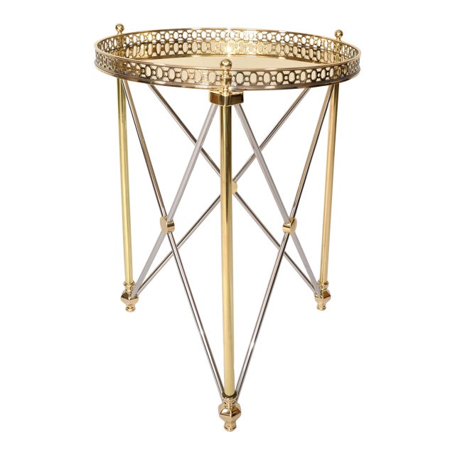 1970s French Maison Jansen Style Brass Chrome Round Tray Top End Side Drink Table For Sale