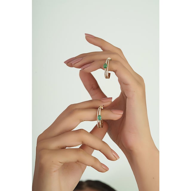 Metal Emerald & Diamond Double Row Art Deco Hoop Earrings in 14k Yellow Gold- A Pair For Sale - Image 7 of 13