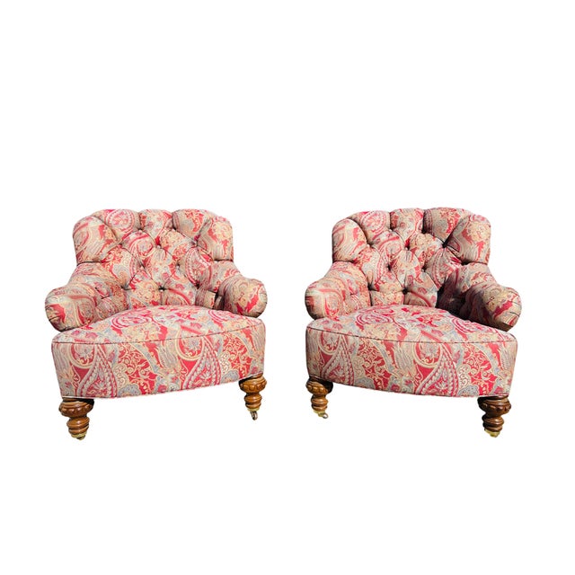 Baker Furniture Company Late 20th C Baker Furniture Tufted Club Armchairs, George Smith Style Paisley Upholstery, Brass Casters – Pair For Sale - Image 4 of 18