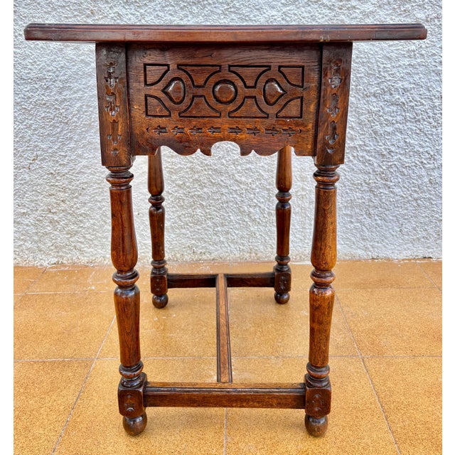 Antique Castilian Oak Side Table With One Carved Drawer, 1920s For Sale - Image 12 of 15
