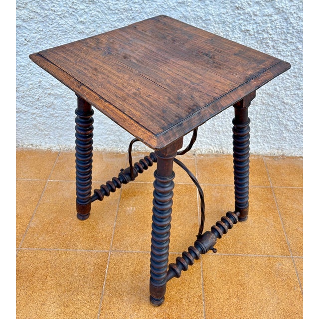Baroque 1920s Spanish Baroque Revival Oak Side Table with Barley Twist Legs and Iron Stretcher For Sale - Image 3 of 10