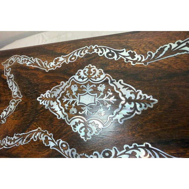 Wood Antique 1800's English Inlaid Mother of Pearl Rosewood Wood Dual Tea Caddy Box For Sale - Image 7 of 18