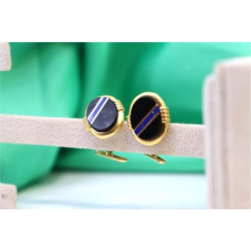 Gold Cufflinks with Blue Stripe Reliefs on Oval Onyx, Set of 2 For Sale - Image 4 of 8