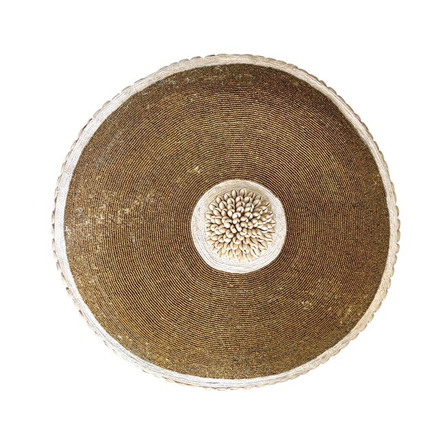 African Vintage African Bamileke Tribe Beaded & Shell Round Wooden Shield 20.5" D For Sale - Image 3 of 8