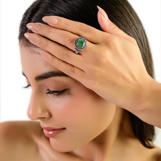 Vintage Art Deco Octagon-Cut Emerald & Sapphire Sterling Silver Ring Wedding Gift - Size 7 For Sale - Image 6 of 11