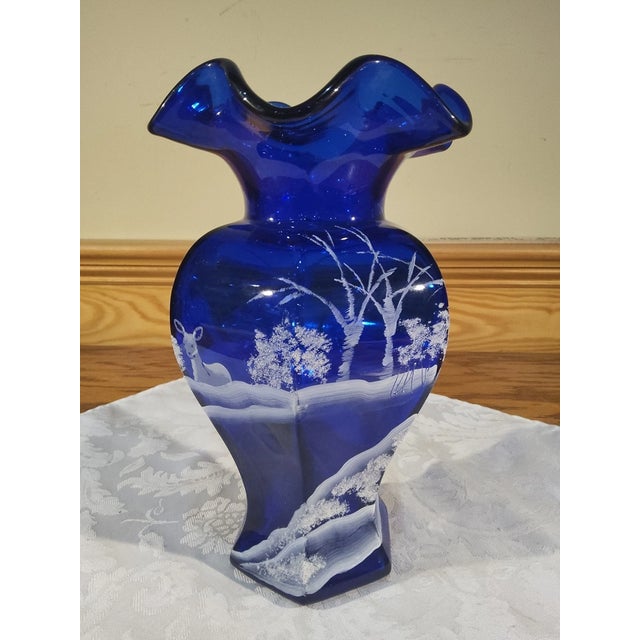 Glass Vintage Fenton 100th Anniversary Cobalt Blue Hp Deer in Winter Scene Glass Hexagon Vase For Sale - Image 7 of 8