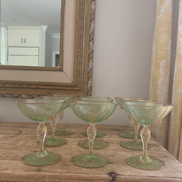Green Murano Glass Champagne Coupes Attributed to Salviati- Set of 9 For Sale - Image 9 of 9