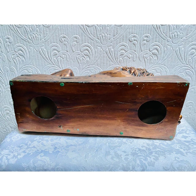 Mid-Century Modern Large Lion Copper Painted Ceramic Figurine Glass Eyes Signed He For Sale - Image 9 of 12