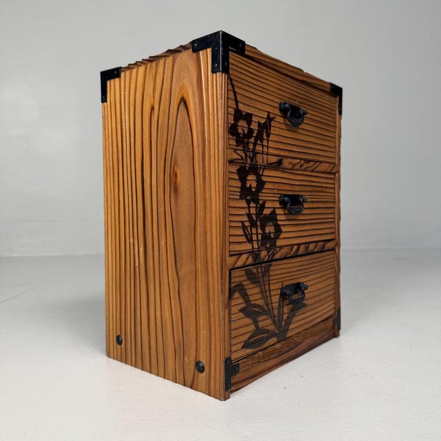 1980s Vintage Japanese Sugi Drawer Cabinet with Floral Decor, 1980s For Sale - Image 5 of 10