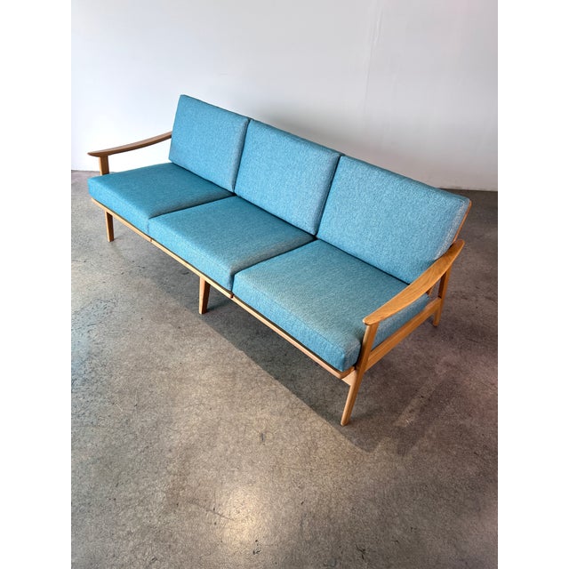 Mid-Century Modern 1960s Beechwood Mid Century Danish Modern 3 Seater Sofa Reupholstered in a Blue Chenille For Sale - Image 3 of 10