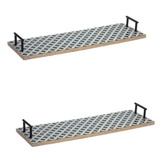 Mango Wood Tray with Geometric Design and Metal Handle Accents (Set of 2) For Sale