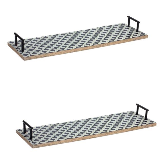 Mango Wood Tray with Geometric Design and Metal Handle Accents (Set of 2) For Sale