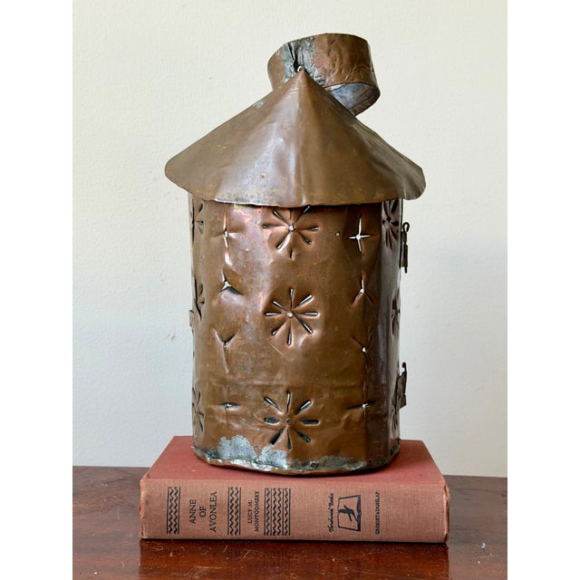 Copper Antique Handcrafted Punched Tin & Copper Lantern | Folk Art Candle Lantern With Original Glass Door For Sale - Image 8 of 10