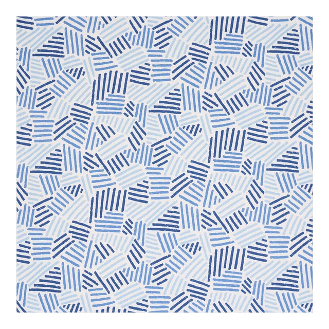 Sample - Schumacher Hatchmark Hand Print Fabric in Blues For Sale