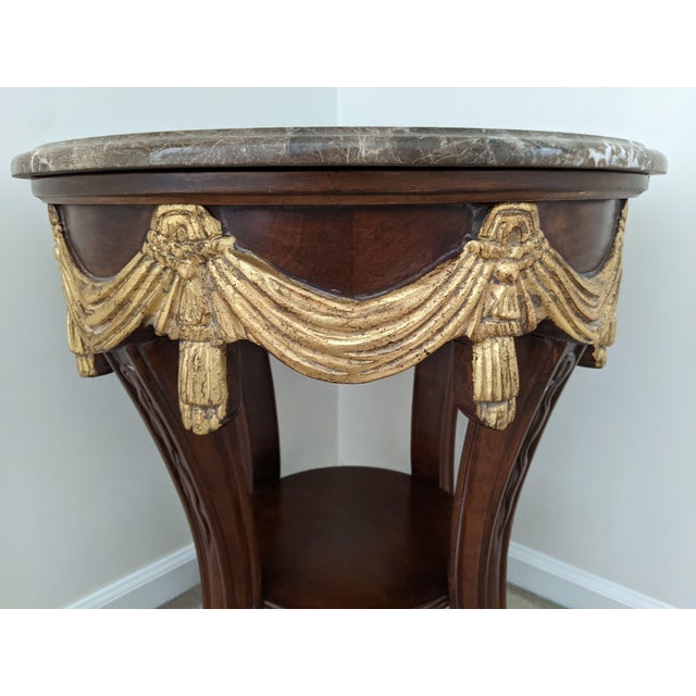 2000 - 2009 French Neoclassical 4-Leg Gueridon Table With Marble Top & Gold Gilt Drapery For Sale - Image 5 of 12