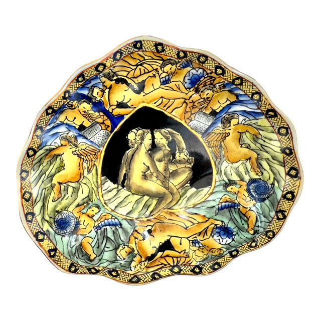 Mid-20th Century Italian Renaissance Style Majolica Figural Plate With Cherubs & Mythological Scene, J. W. & Co. Mark For Sale