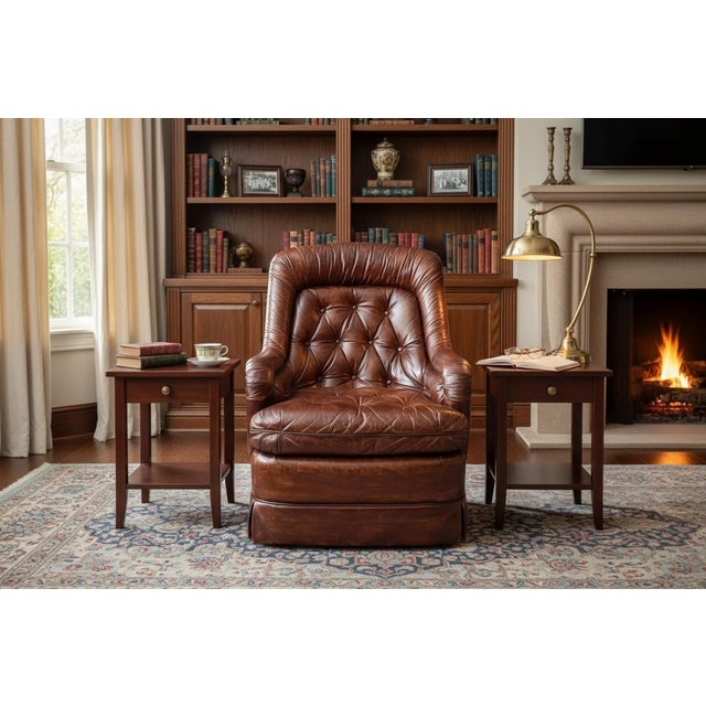 1970s Vintage 1970s Drexel Heritage Brown Leather Button-Tufted Swivel-Tilt Lounge Chair For Sale - Image 5 of 16