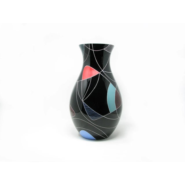 Vintage extra large VEB Kunstglas Arnstadt black glass vase with hand-painted abstract decoration. Made in Ilmenau,...