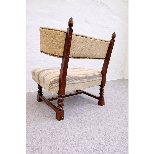Transitional Hungarian Lounge Chair in Oak, Minotti Tapestry & Belgian Bouclé Upholstery, 1930s For Sale - Image 10 of 11
