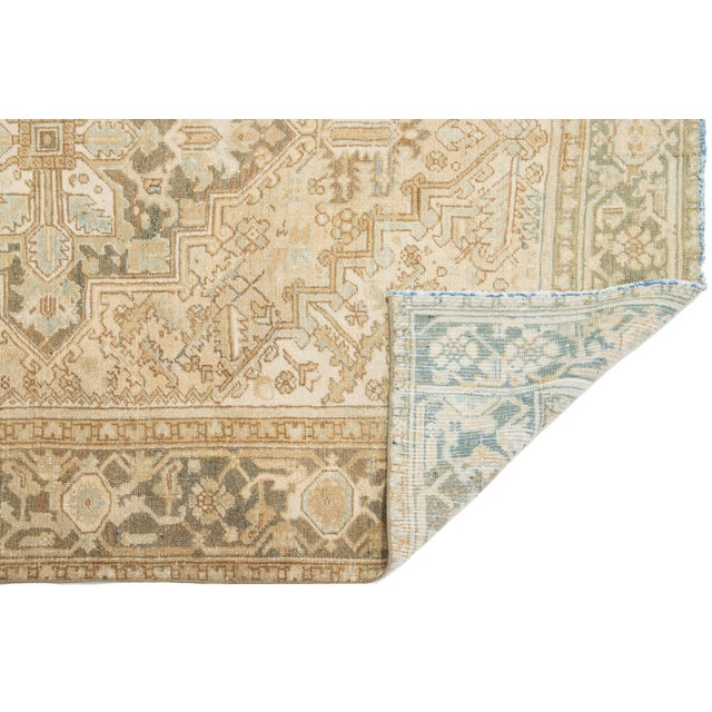 Antique Persian Heriz Wool Rug Handmade in Beige With Medallion Motif For Sale - Image 4 of 11