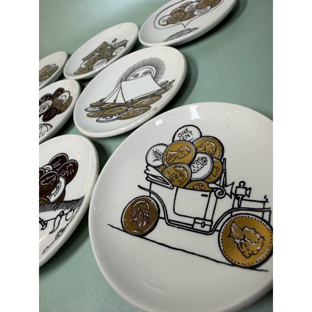 Ceramic Piero Fornasetti Porcelain Coasters, Set of Eight - Commissioned by Bianca Unione Milan 1970 For Sale - Image 7 of 11
