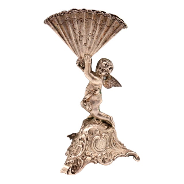 Silver Toothpick Holder with Cherub and Fan For Sale