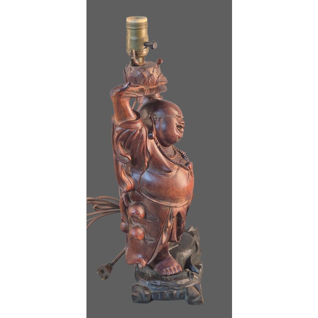Antique Hand Carved Hardwood Hotei Happy Joyous Buddha Arms Raised Holding a Lotus Flower Table Lamp For Sale - Image 13 of 16