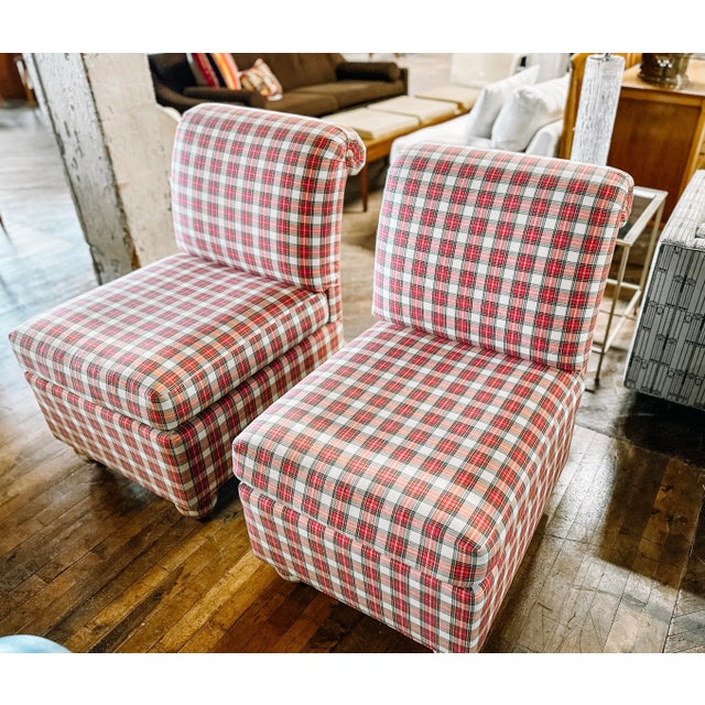 1990s Vintage Ashley Manor Pair of Red, White and Green Plaid Slipper Side Chairs For Sale - Image 5 of 12