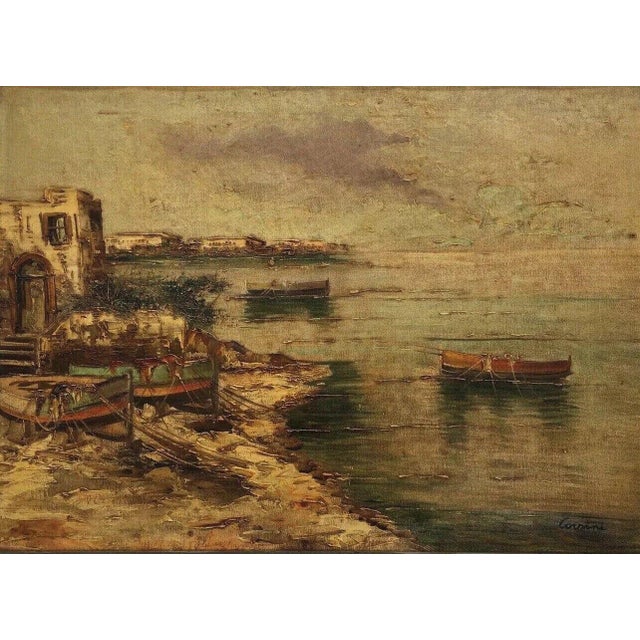 Beige Alberto Corsini, On the Beach near Naples, Oil Painting on Canvas For Sale - Image 8 of 13