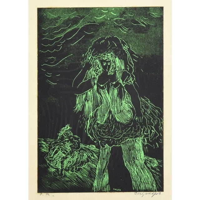 Green Woman - Original Woodcut by Guelfo - 1959 1959 For Sale - Image 3 of 3