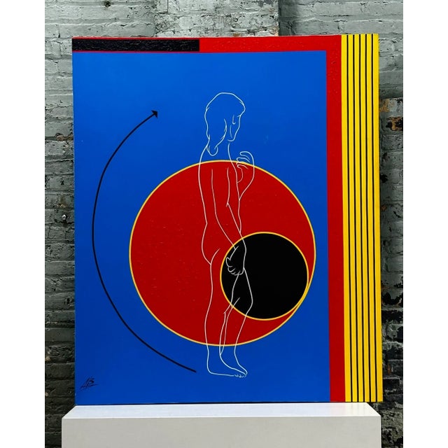 Post Modern Geometric Figural Acrylic on Canvas Signed AB, 1980's. Acrylic painting is signed AB in lower left of...