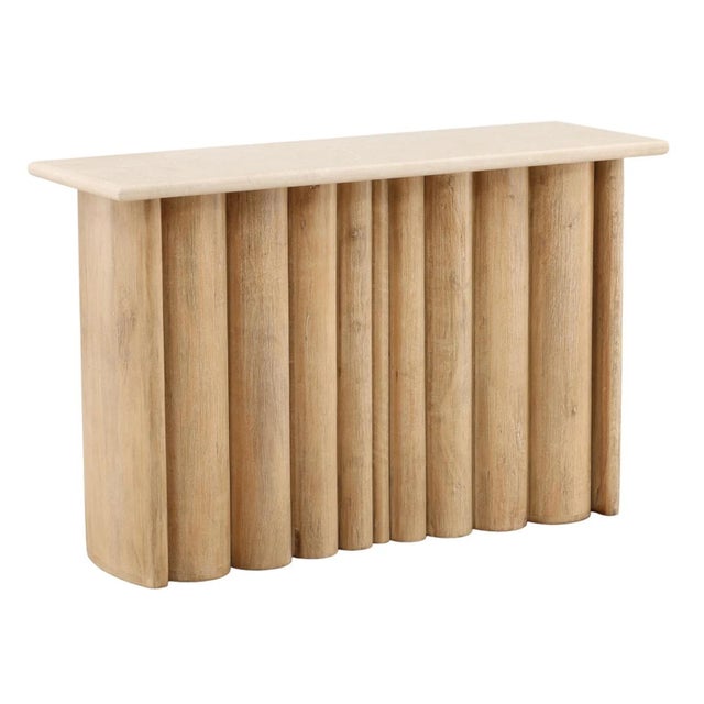 Fresh light toned mango wood console with unique base design resembling folds. Cream / beige Botochino stone top. Each...