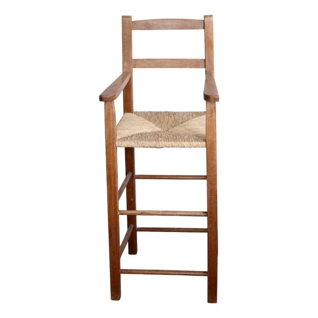 Vintage Wooden Children's High Chair with Straw Seat, 1980s For Sale
