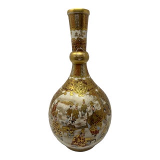 Antique Japanese Satsuma Bottle Vase, Meiji Period Figural Court Scene With Gilt Moriage Decoration For Sale