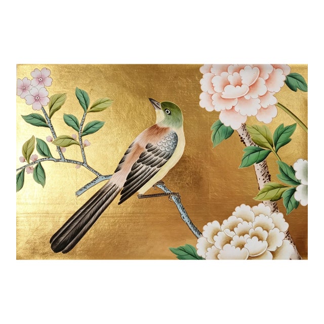 Luxury Hand Painted Gold Leaf Wallpaper With Bird & Peony Floral Design, Oriental Chinoiserie Wallcovering, Elegant Custom Wall Mural For Sale