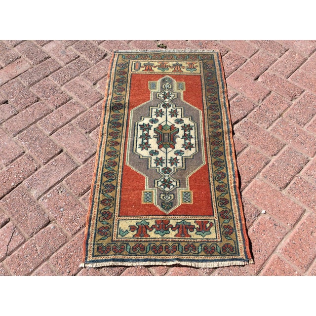 Red Vintage Hand Knotted Mini Rug - 21" X 39" For Sale - Image 8 of 8
