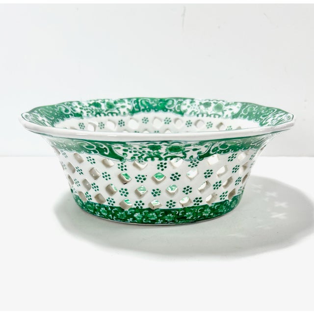 Late 20th Century Vintage Green Chinoiserie Reticulated Porcelain Centerpiece Bowl / Pierced Decorative Bowl For Sale - Image 5 of 9