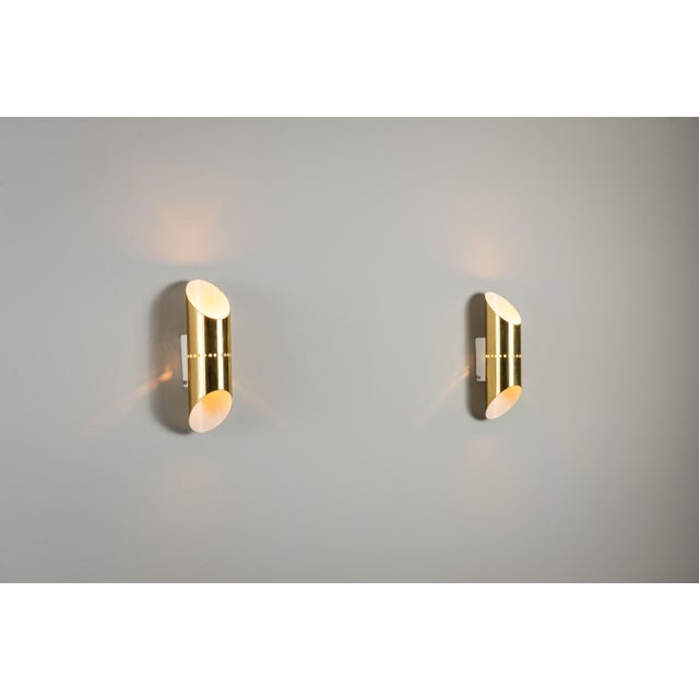 Mid-Century Modern Cylindrical Wall Lamps in Brass with Perforated Shades, 1970s, Set of 2 For Sale - Image 3 of 12