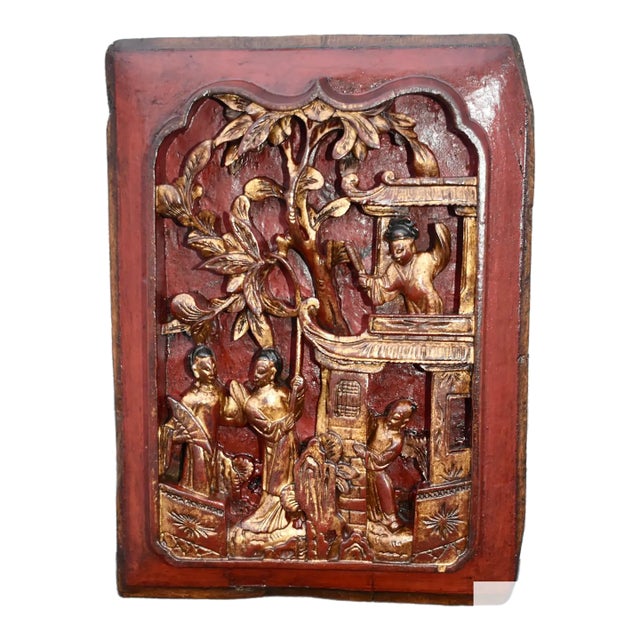 Antique Chinese Carved & Painted Figural Plaque For Sale
